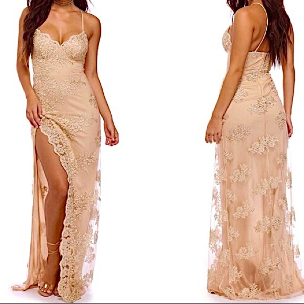 Gold Long Slit Embroidered Evening Gown